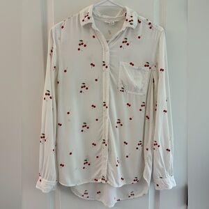 Beachlunchlounge White Cherry Print Button Down Collared Long Sleeve Shirt XS